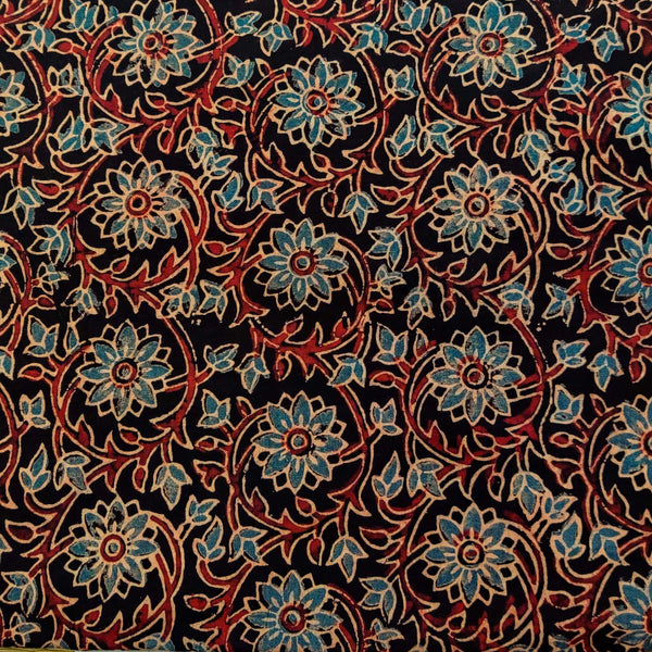 Prre-cut ( 1.60 )Pure Cotton Ajrak Black With Light Blue Daisy Jaal Hand Block Print Fabric