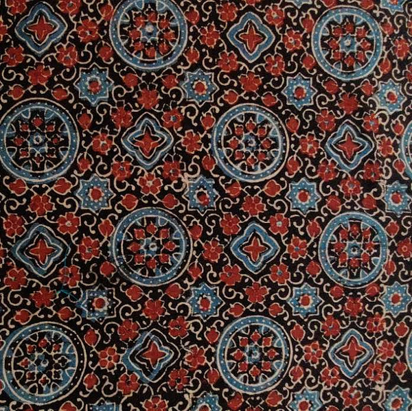 Pre-Cut 2 Meter Pure Cotton Ajrak Dark Green With Black And Red Kairi Leaf Motif Hand Block Print Fabric