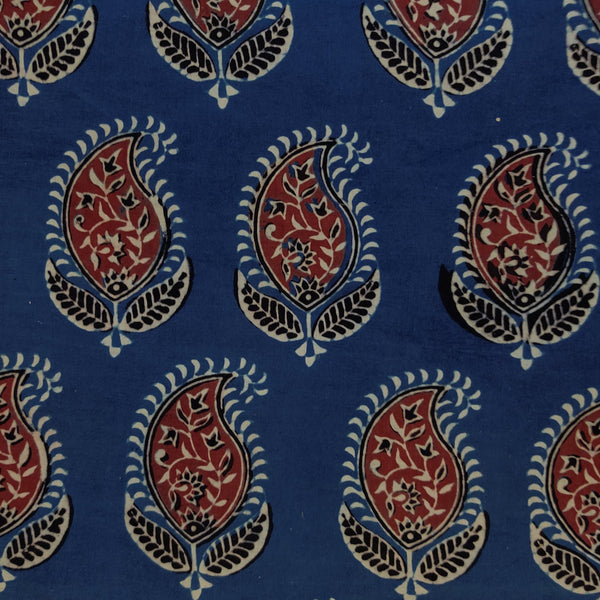 Blouse Piece 0.90 meter Pure Cotton Ajrak Blue With Black Maroon Cream Kairi Hand Block Print Fabric