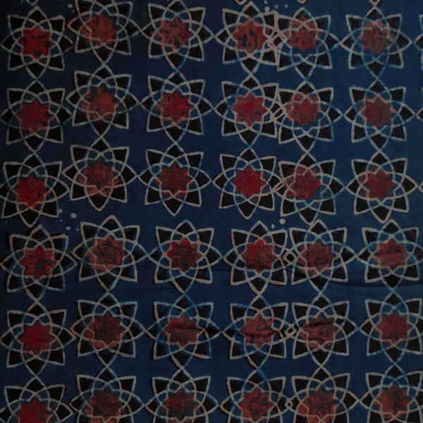 Pure Cotton Ajrak Blue With Red Black Wobbly Star Hand Block Print Fabric