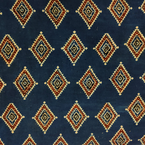 Pre-cut ( 1.40 Meter )Pure Cotton Ajrak Blue With Rust Intricate Diamond Hand Block Print Fabric