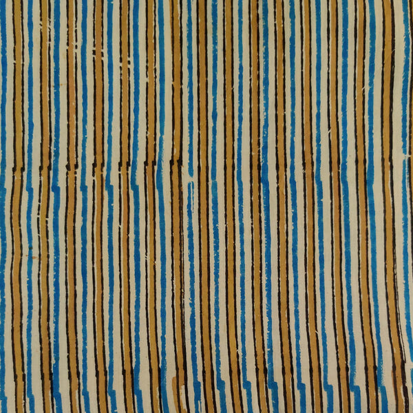 Pure Cotton Ajrak Cream Sandy Yellow Blue Black Stripes Hand Block Print blouse Fabric ( 1meter )