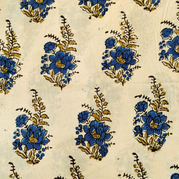 Pure Cotton Ajrak Cream With Blue Flower Bouquet Hand Block Print blouse Fabric ( 1 meter )