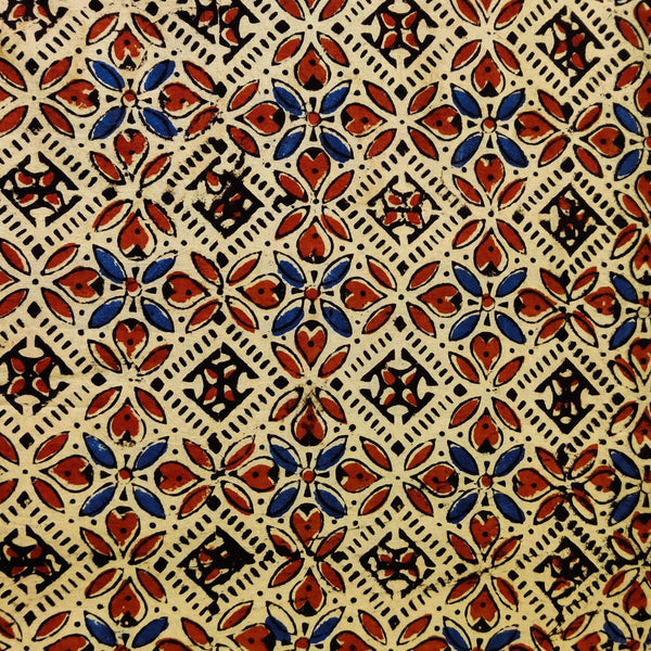 Pure Cotton Ajrak Cream With Maroon Blue Black Persian Tiles Hand Block Print Fabric