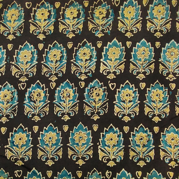 Pure Cotton Ajrak Dark Brown With Blue Intricate Beautiful Motif Hand Block Print Fabric