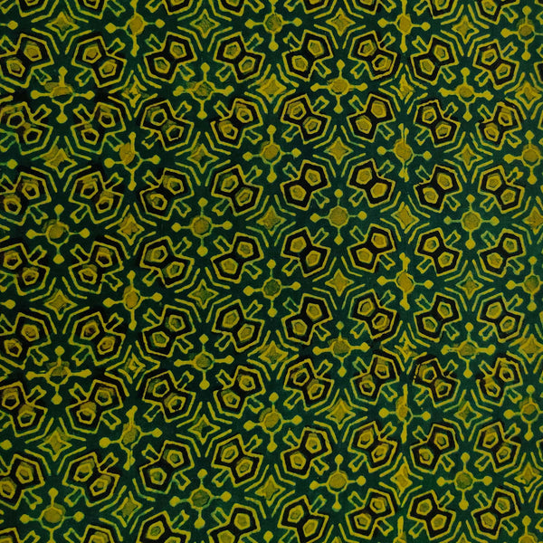 Pure Cotton Ajrak Dark Green With Yellow Green Black Geometric Pattern Hand Block Print Blouse Piece 1 meter Fabric