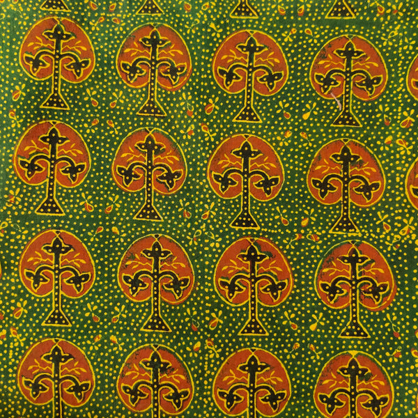 Pure Cotton Ajrak Green With Rust Intricate Tree Motif Hand Block Print Fabric