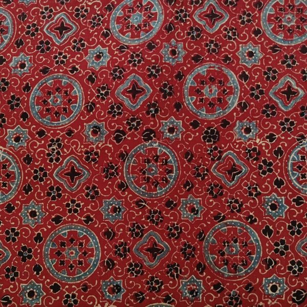 Pre Cut 1.35 Meter Pure Cotton Ajrak Madder With Persian Star Circle Tiles Hand Block Print Fabric