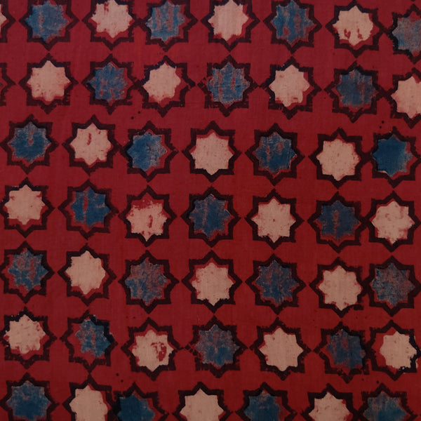 Precut 1.90 Meter Pure Cotton Ajrak Maroon Stars Hand Block Print Fabric