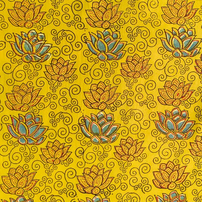 Pure Cotton Ajrak Mustard With Blue Flower Curvy Jaal Hand Block Print Blouse piece Fabric ( 80 cm )