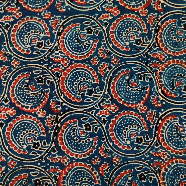 Pure Cotton Ajrak Persian Blue WIth Rust Dahlia Jaal Hand Block Print Blouse Fabric ( 80 Cm )