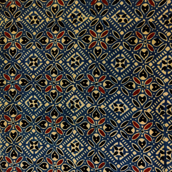 Pure Cotton Ajrak Persian Blue With Beige Madder Black Persian Tiles Hand Block Print Fabric