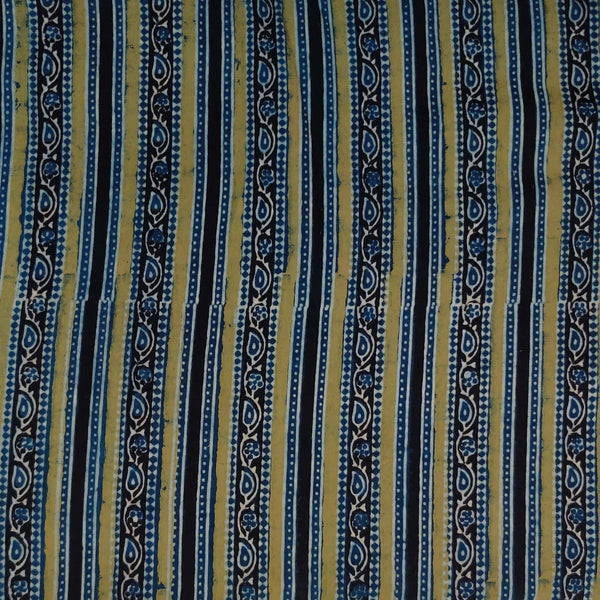 Precut 2 Meter Pure Cotton Ajrak Persian Blue With Green Border Stripes Hand Block Print Fabric