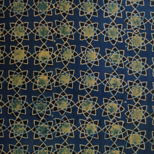 Pure Cotton Ajrak Persian Blue With Green Wobbly Star Hand Block Print Fabric