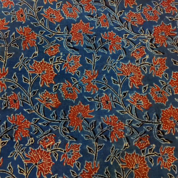 Pure Cotton Ajrak Persian Blue With Maroon Wild Flower Jaal And Block Print Blouse Fabric ( 0.90 CM )