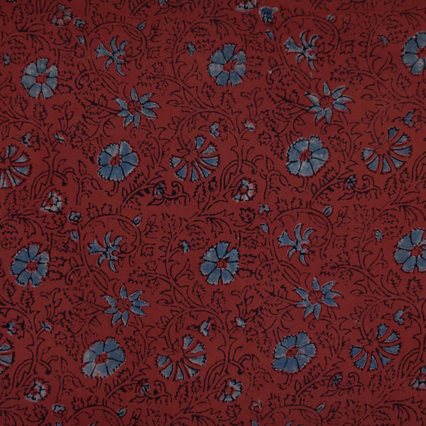 Precut 2.30 Meter Pure Cotton Ajrak Rust With Blue Flower Jaal Hand Block Print Fabric