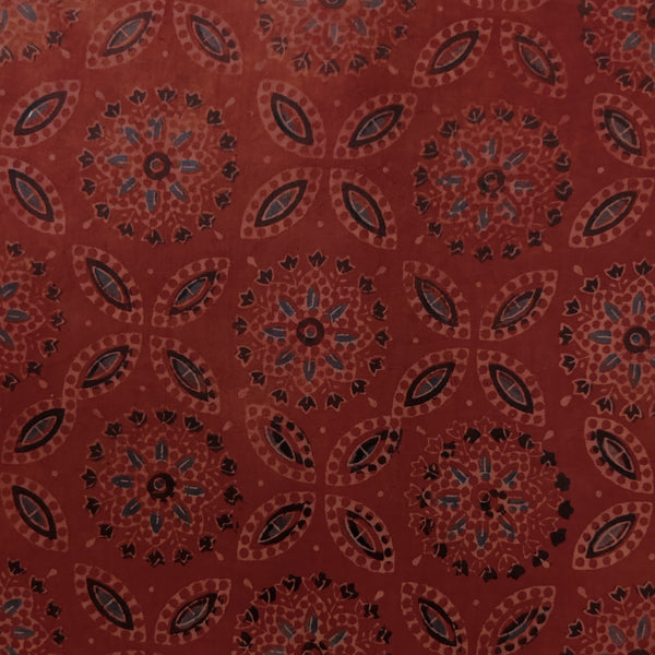 Pre-cut 2 meter Pure Cotton Ajrak Rust With Chakra And Four Petal Flower Hand Block Print Fabric