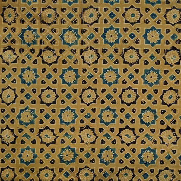 Pure Cotton Ajrak Sandy Yellow With Star Tile Hand Block Print Fabric