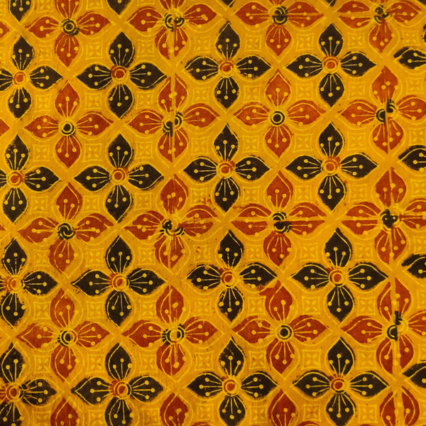 Pure Cotton Ajrak Turmeric Dyed With Black And Madder Four Petal Flower Hand Block Print Blouse Piece Fabric ( 1 meter )