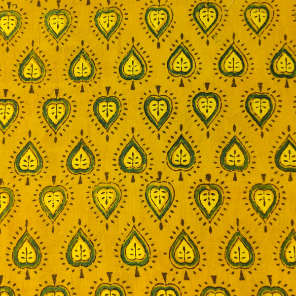 Pure Cotton Ajrak Turmeric Dyed With Green And Black Intricate Leaf Motif Hand Block Print blouse Fabric ( 1 meter )