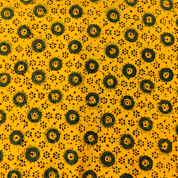 Pure Cotton Ajrak Turmeric Dyed With Green Circle Hand Block Print Fabric