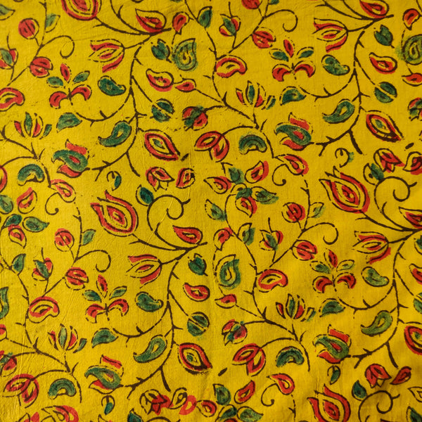 Pure Cotton Ajrak Turmeric Dyed With Madder And Green Flower Jaal Hand Block Print Fabric