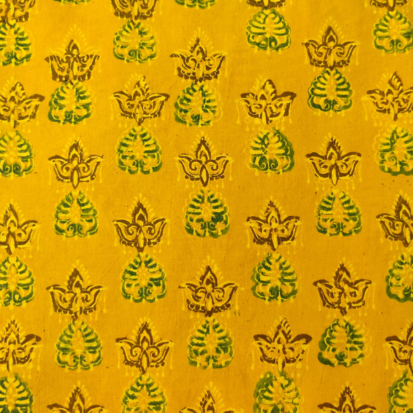 Pure Cotton Ajrak Turmeric Dyed With Mehendi Art Hand Block Print Blouse Piece Fabric (1 Meter)