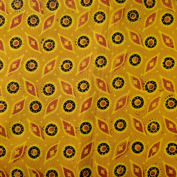 Pure Cotton Ajrak Turmeric Yellow With Chakra Leaves Hand Block Print Fabric