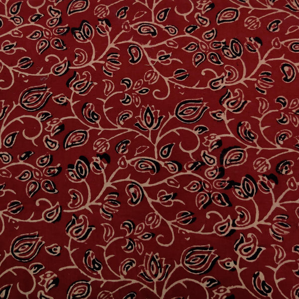 Pre-Cut 1.60 Meter Pure Cotton Ajrak Vegetable Dyed Madder With Black Cream Lotus Jaal Hand Block Print Fabric