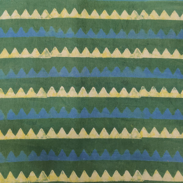 Precut 2 Meter Pure Cotton Akola Dabu Green With Blue And Sandy Yellow Mountain Range Hand Block Print Fabric