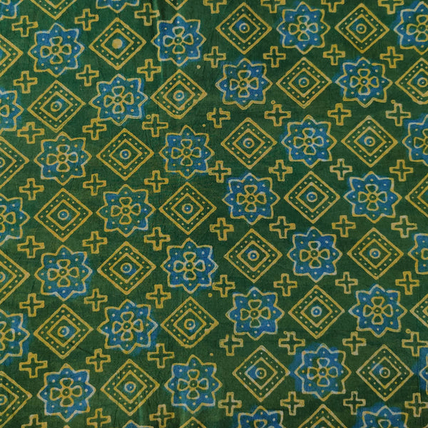 Precut 1.5 Meter Pure Cotton Akola Dabu Green With Star And Diamond Motifs Hand Block Print  Fabric