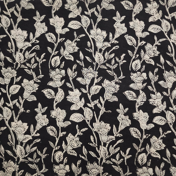 Pre-cut(1.50 meter )Pure Cotton Bagru Black With Creeper Hand Block Print Fabric