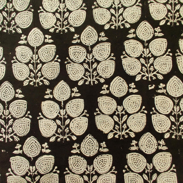 Pure Cotton Bagru Black With Twig Of Leaves Hand Block Print blouse piece Fabric( 0.85 meter)