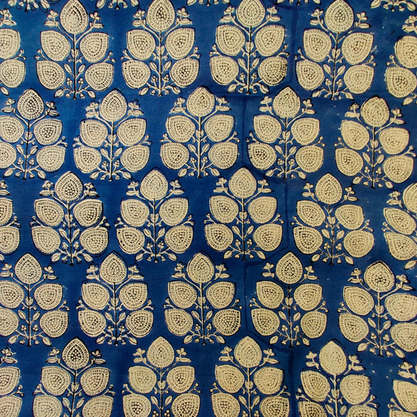 Pure Cotton Bagru Blue With Twig Of Leaves Hand Block Print blouse Fabric  ( 1.25 Meter )