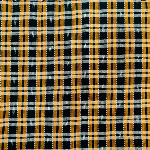 Pure Cotton Black Mustard Cream Checks Ikkat Handwoven Blouse Fabric ( 1.35 Meters)