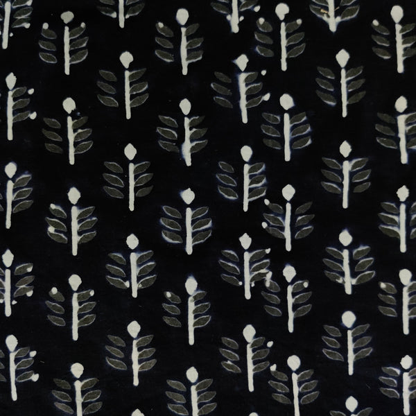 Precut 1.55 Meter Pure Cotton Black With Grey And White Plant Motifs Hand Block Print Fabric