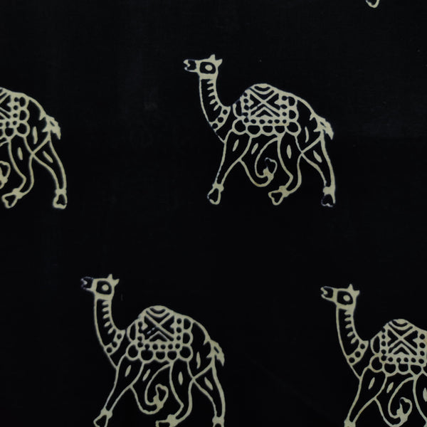 Pre-cut 2.40 meter Pure Cotton Black With White Camel Hand Block Print Fabric