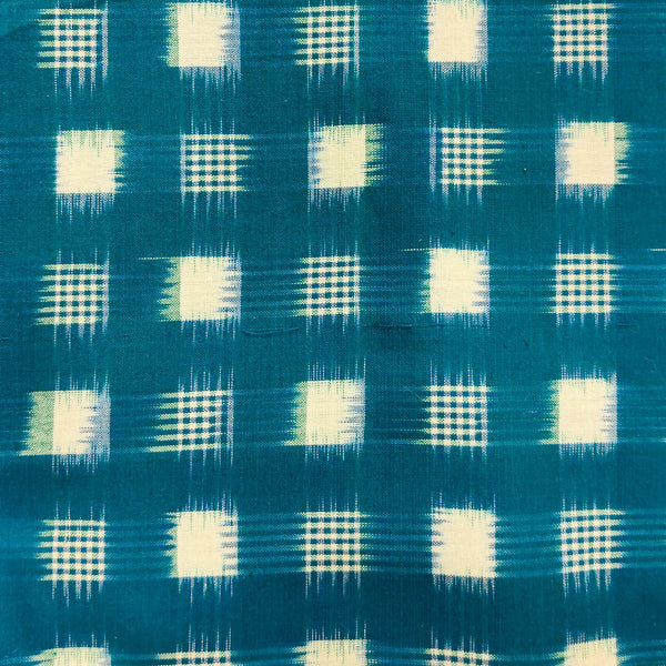 Pure Cotton Special Double Ikkat Blue With Cream Grid Weave Woven Fabric