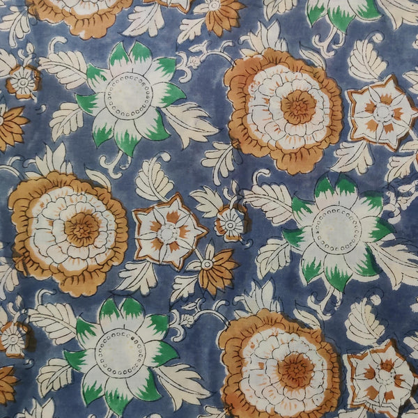 Blouse Piece 0.90 meter Pure Cotton Bluish Grey With Green And Brown Big Floral Jaal Hand Block Print Fabric