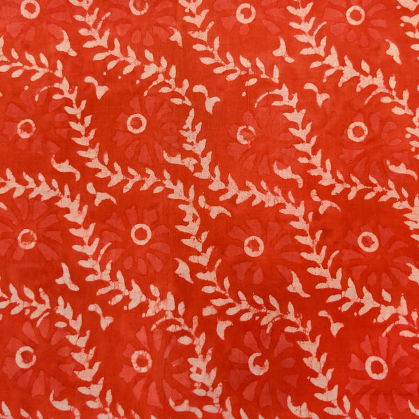 Pure Cotton Carrot Peach Dabu With Digonal Jaal Creeper Hand Block Print Blouse Fabric ( 1.25 Meter )