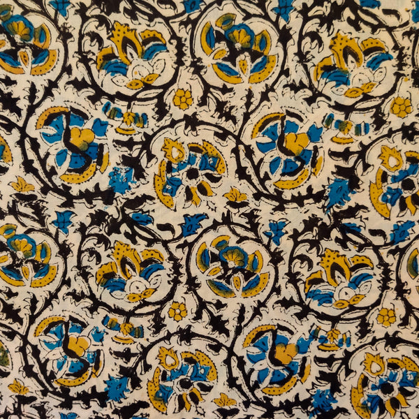 Pure Cotton Cream Dabu Jahota With Mustard Blue And Black Jaal Hand Block Print Fabric