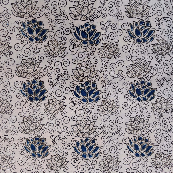 Pre-Cut 1.90 Meter Pure Cotton Cream Special Ajrak With Grey And Blue Lotus Jaal Hand Block Print Fabric