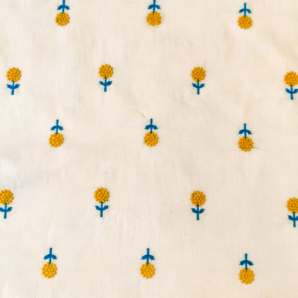 Pre-cut (1.60Meter)Pure Cotton Cream With Tiny Yellow Blue Dot Flower Embroiedered Fabric