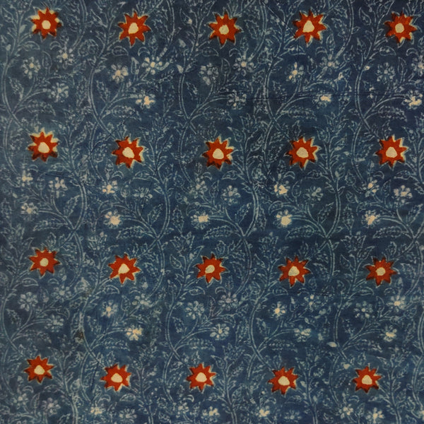 Pure Cotton Dabu Ajrak Blue With Self Design And Red Flower Jaal Hand Block Print Fabric