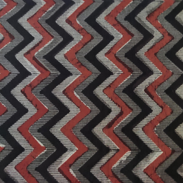 Pure Cotton Dabu Bagru With Black Rust Grey And Lines Zig Zag Hand Block Print Fabric