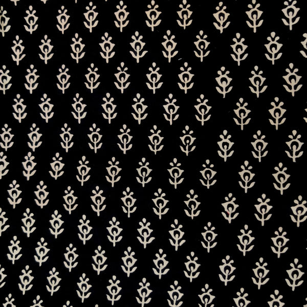 Pure Cotton Dabu Black With Tiny White Motifs Hand Block Print Blouse Fabric ( 1 Meter )