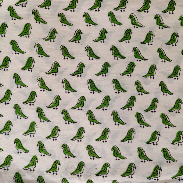 Precut 1.90 Meter Pure Cotton Dabu Cream With Tiny Green Parrots Hand Block Print Fabric