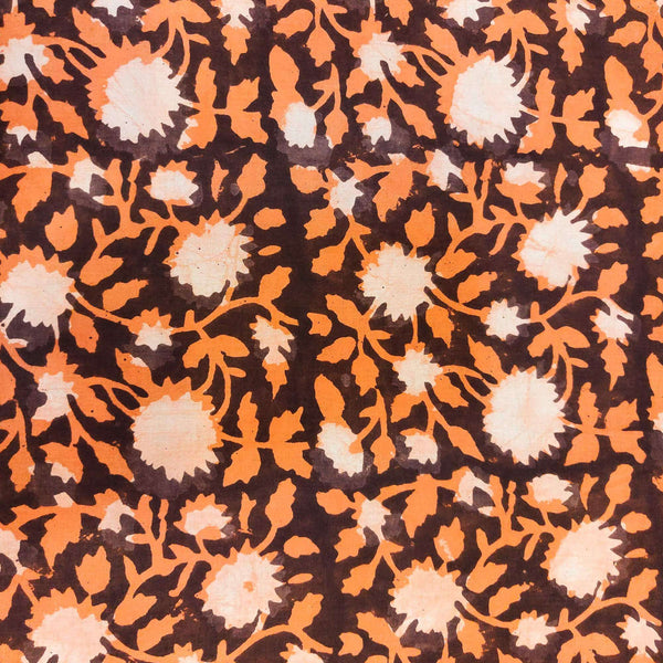 Pure Cotton Dabu Dark Brown With Orange Rust Wild Flower Jaal Hand Block Print Blouse Fabric ( 1.25 Meters )