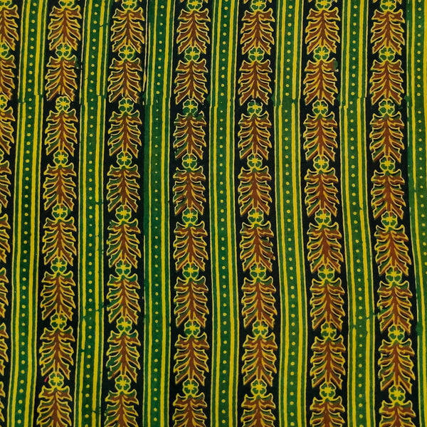 Pre-cut Pure Cotton Dabu Green Intricate Stripes Hand Block Print Fabric( 1.80 meter)