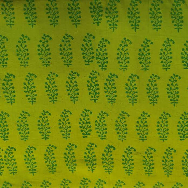 Precut 1.90 Meter Pure Cotton Dabu Green With Dark Green Kairi Leaf Hand Block Print Fabric